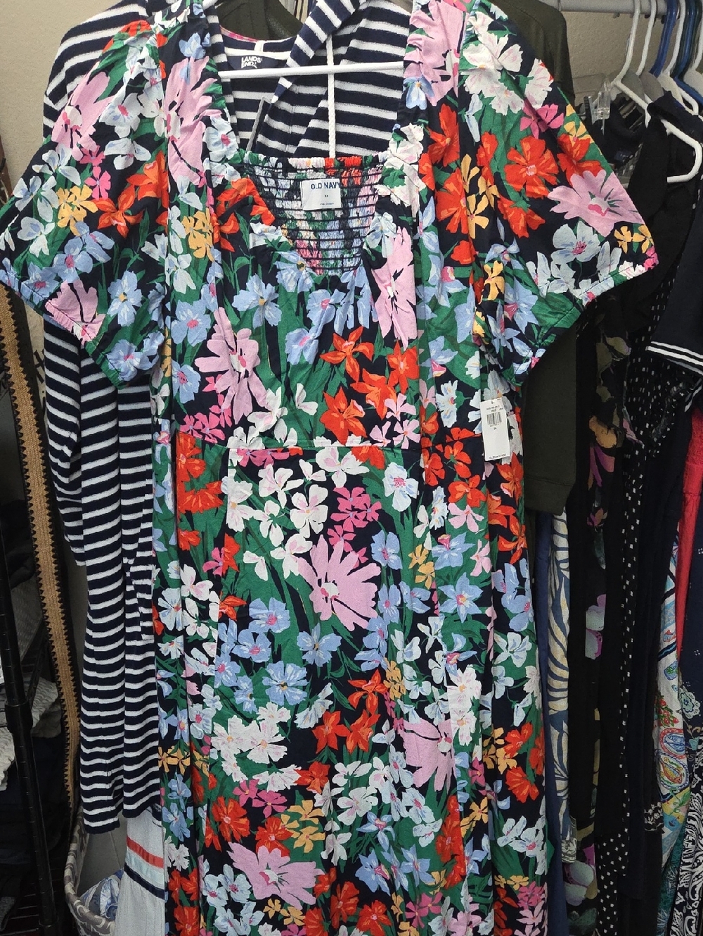 Old Navy Black Floral Maxi Dress with Pink, Red, Green, Blue & White Blossoms